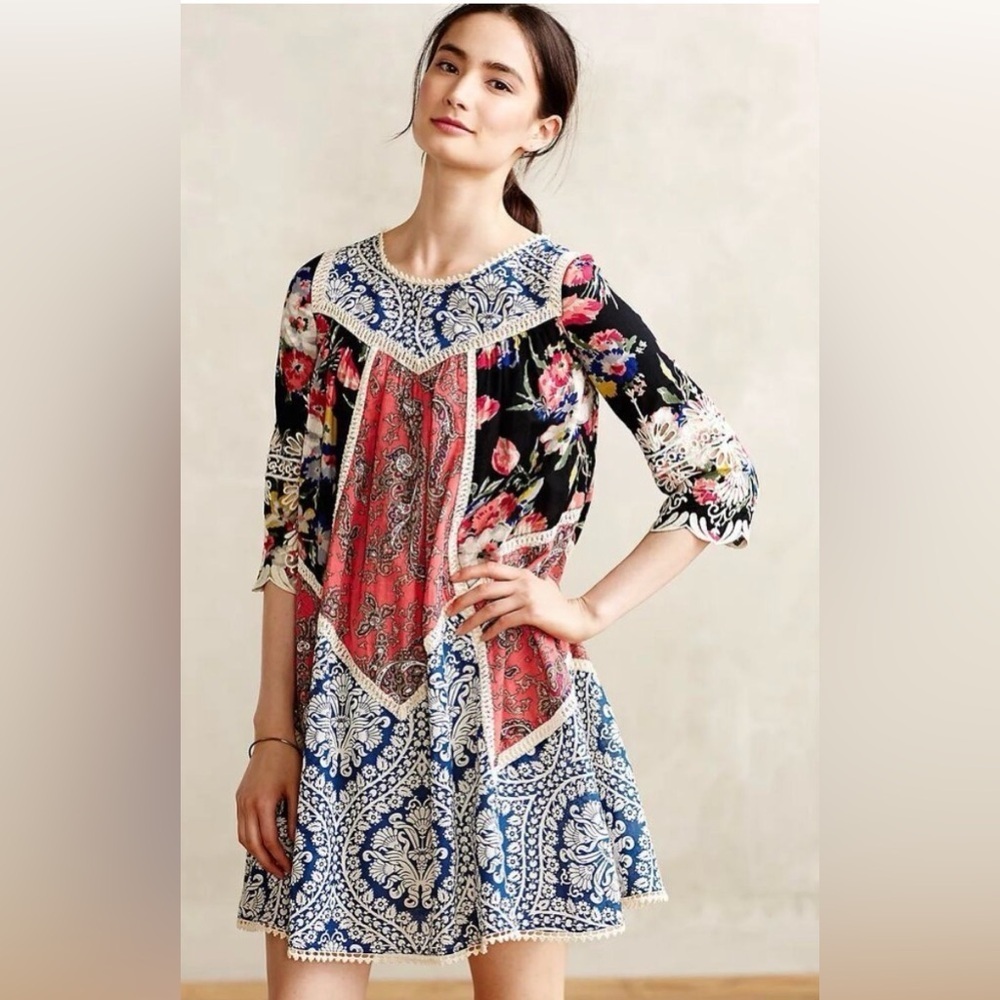 Vanessa Virginia Anthropologie Mixed Print Patchwork Lace Trim Dress Size 0